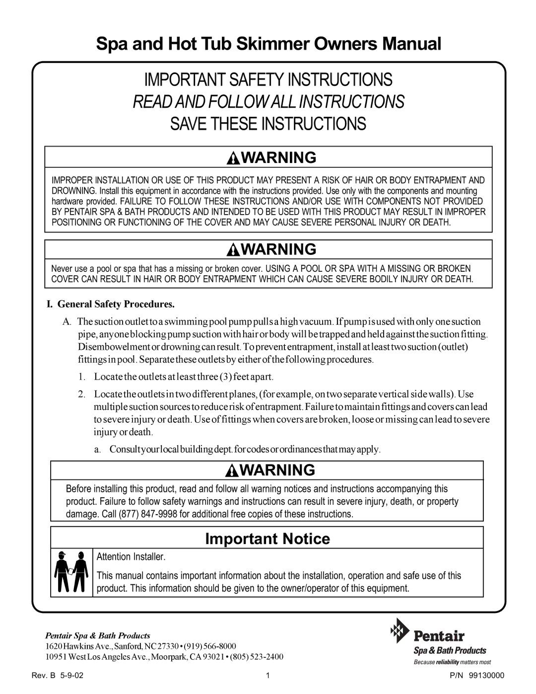 Pentair Hot Tub Skimmer important safety instructions Important Notice, General Safety Procedures 