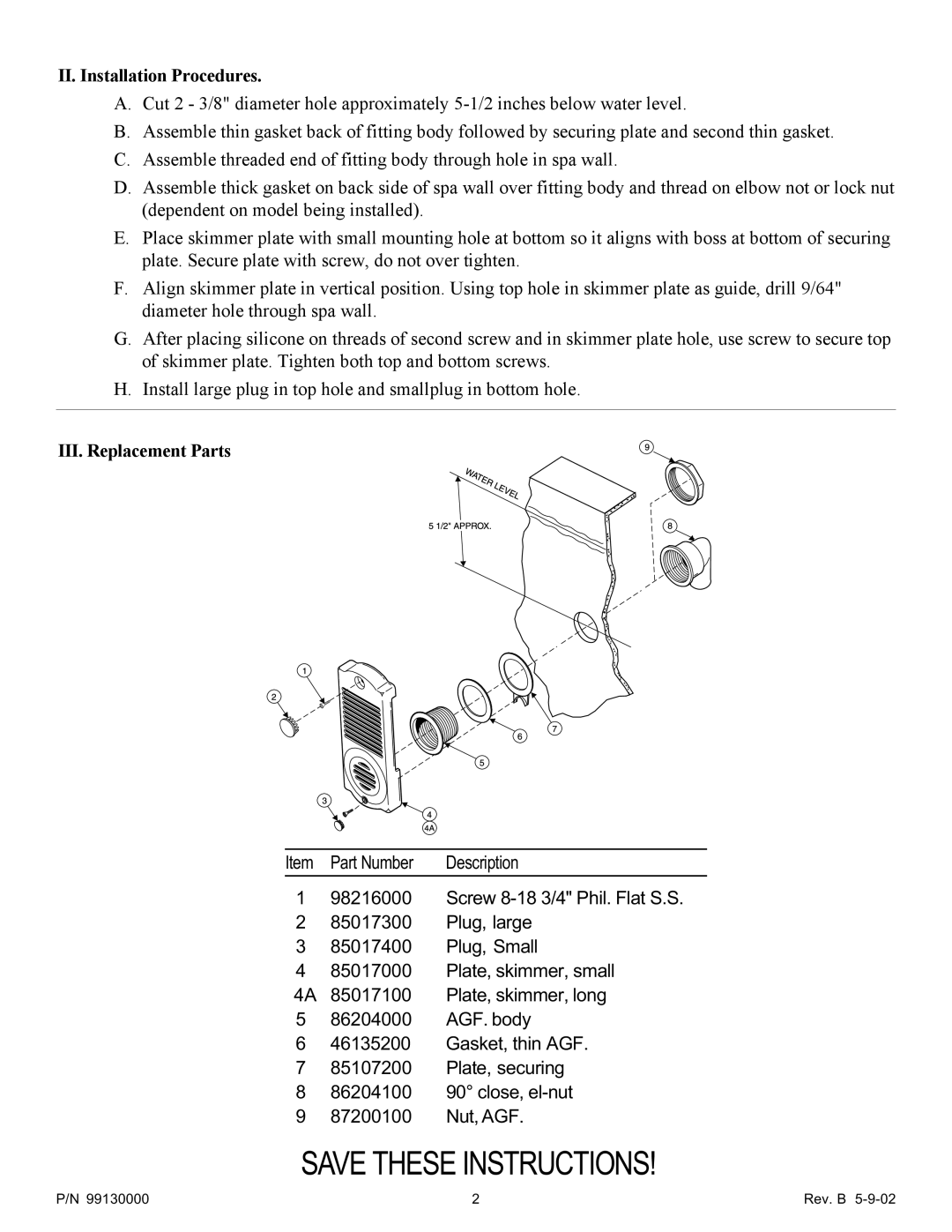 Pentair Hot Tub Skimmer important safety instructions II. Installation Procedures, III. Replacement Parts 