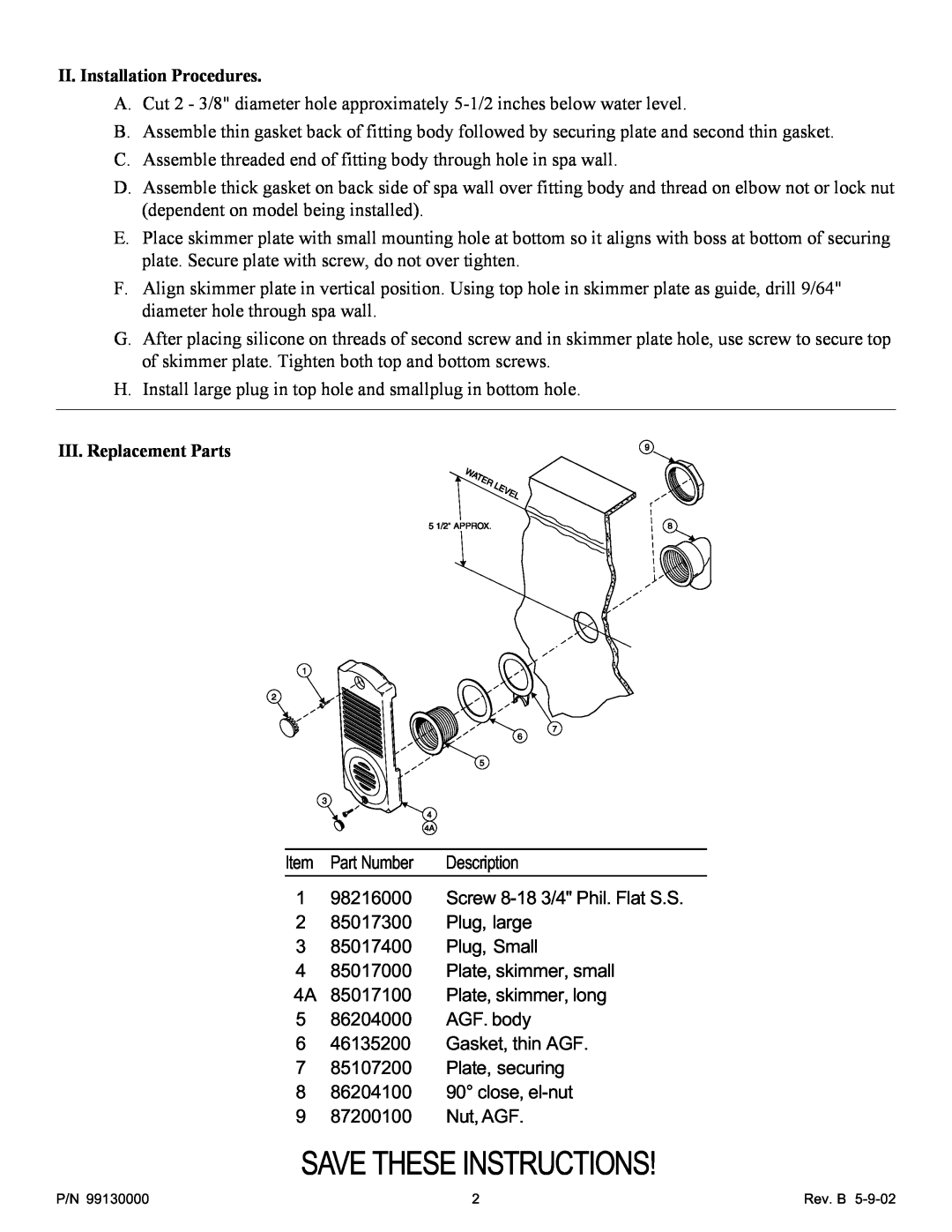 Pentair Hot Tub Skimmer II.Installation Procedures, III. Replacement Parts, Save These Instructions 