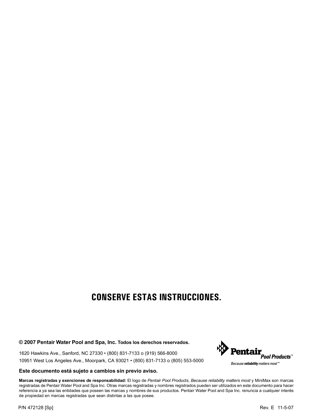 Pentair Hot Tub manual Conserve Estas Instrucciones 