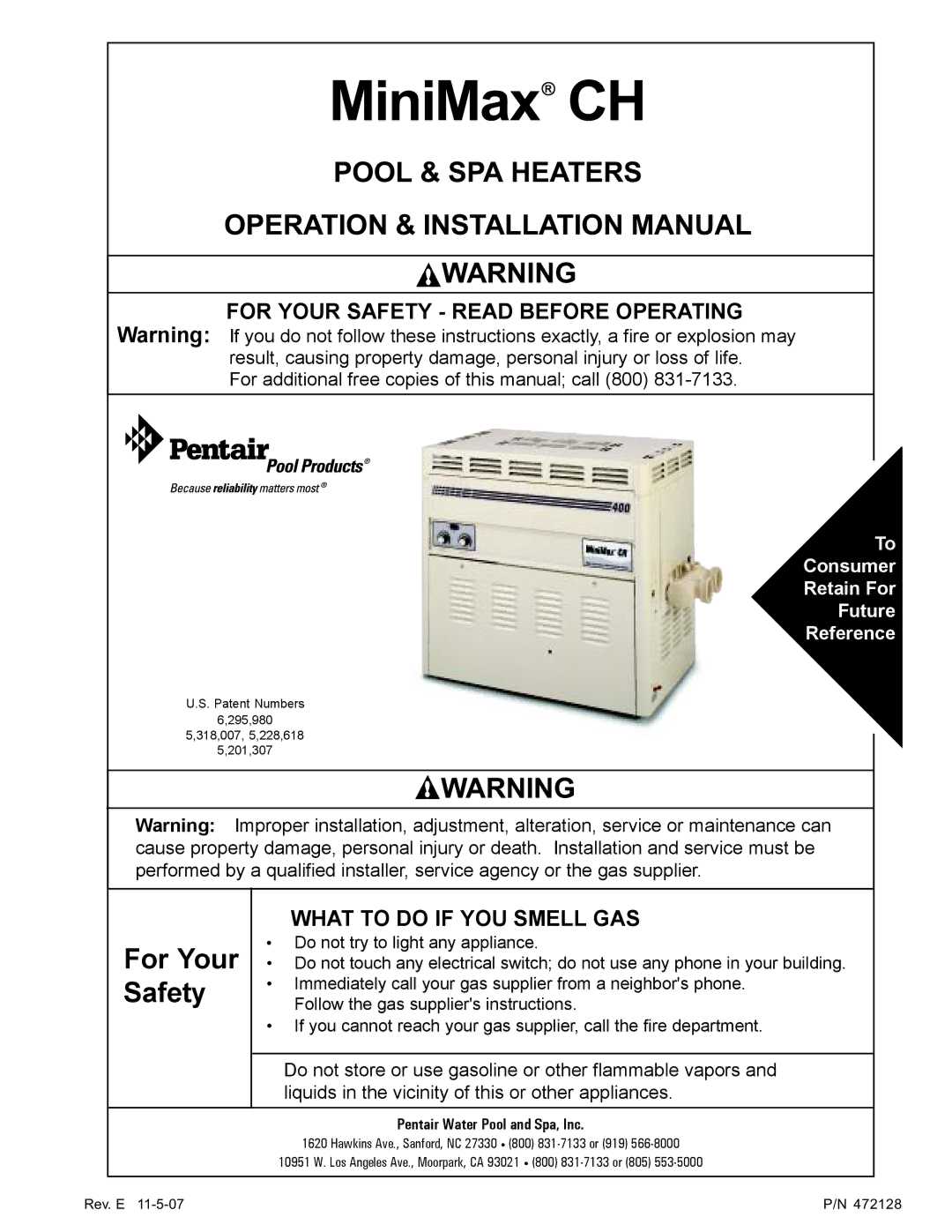 Pentair Hot Tub manual For Your Safety Read Before Operating, What to do if YOU Smell GAS 