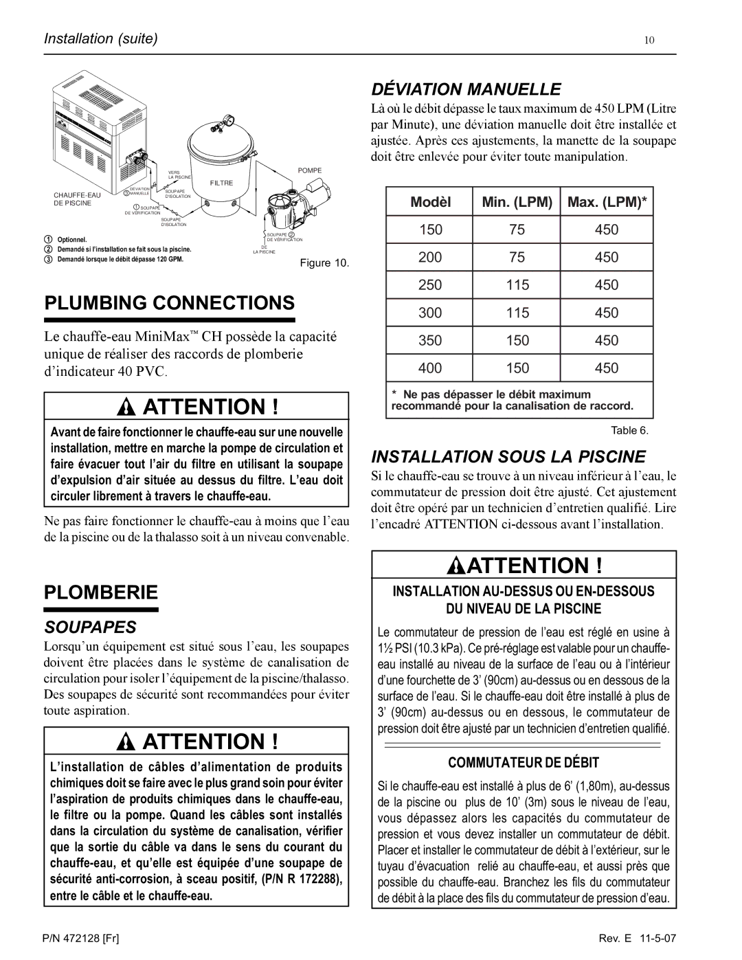 Pentair Hot Tub manual Plomberie, Soupapes, Déviation Manuelle, Installation Sous LA Piscine, Commutateur DE Débit 