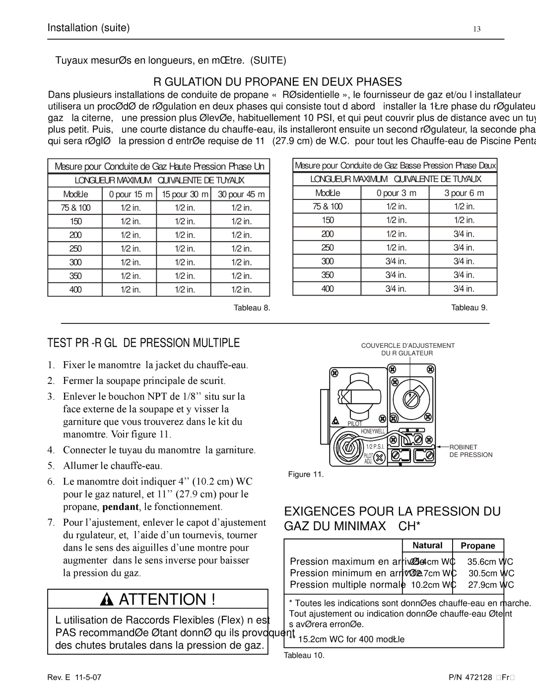 Pentair Hot Tub manual Test PRÉ-RÉGLÉ DE Pression Multiple, Exigences Pour LA Pression DU GAZ DU Minimax CH 