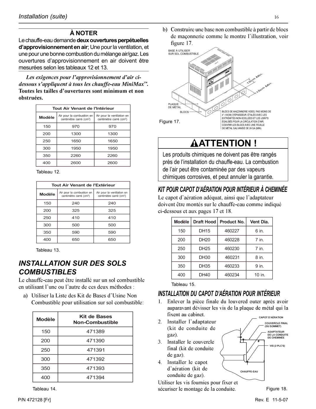 Pentair Hot Tub manual Installation SUR DES Sols Combustibles, Les exigences pour l’approvisionnement d’air ci 