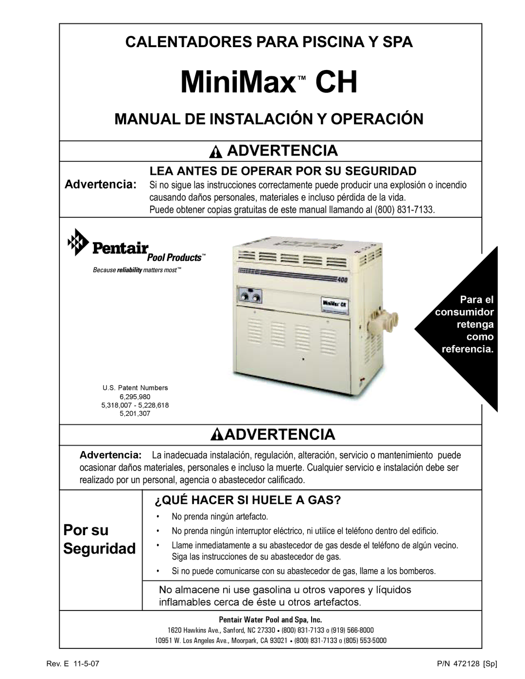 Pentair Hot Tub manual LEA Antes DE Operar POR SU Seguridad, ¿QUÉ Hacer SI Huele a GAS? 