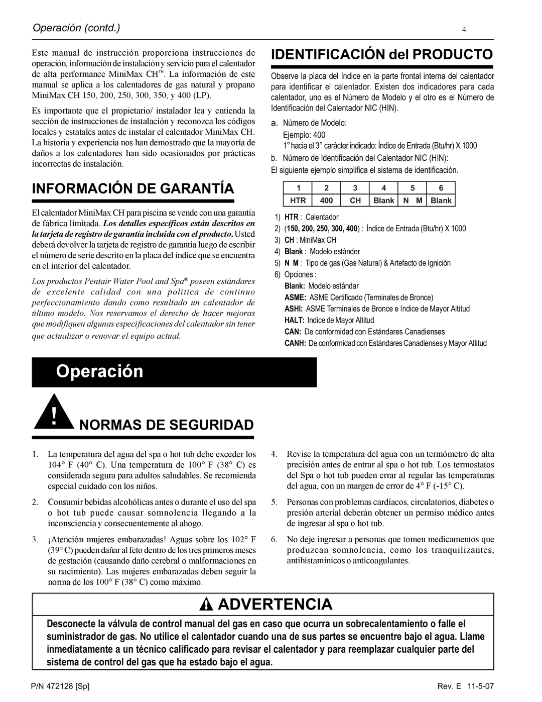 Pentair Hot Tub manual Información DE Garantía, Normas DE Seguridad, Operación contd 