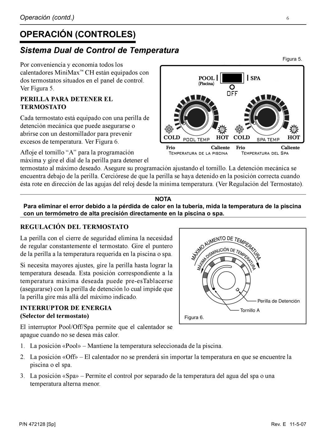 Pentair Hot Tub manual Operación Controles, Interruptor DE Energia Selector del termostato 