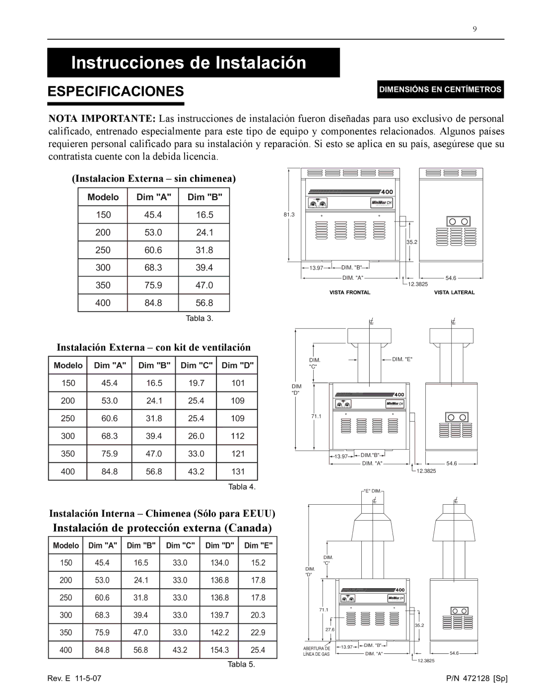 Pentair Hot Tub manual Instrucciones de Instalación, Especificaciones, Instalacion Externa sin chimenea 