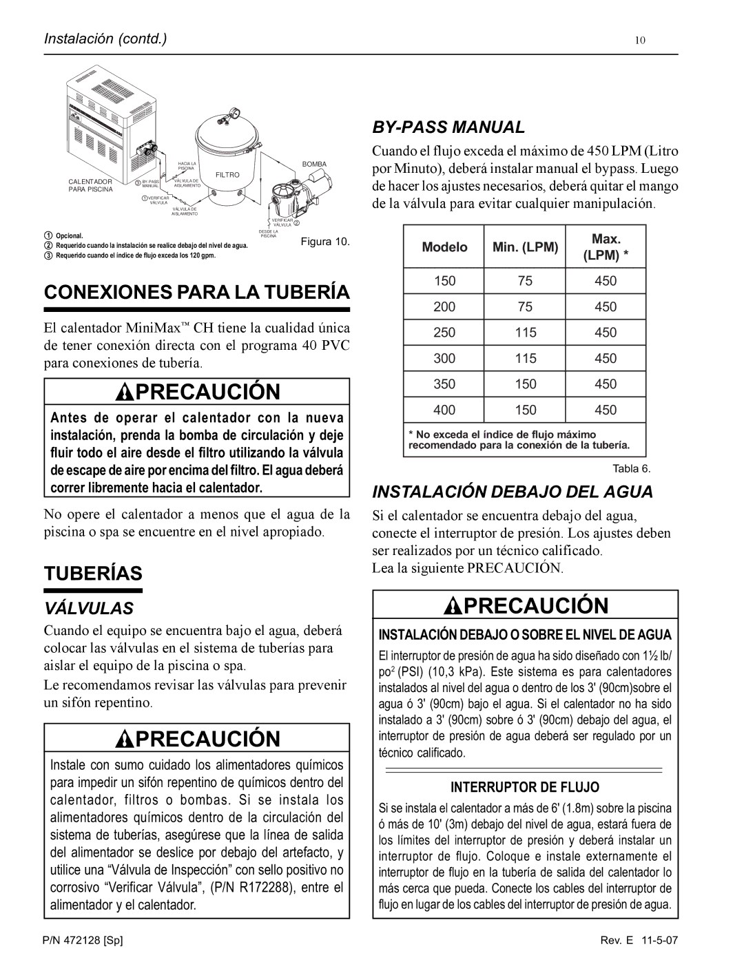 Pentair Hot Tub manual Conexiones Para LA Tubería, Tuberías, BY-PASS Manual, Válvulas, Instalación Debajo DEL Agua 