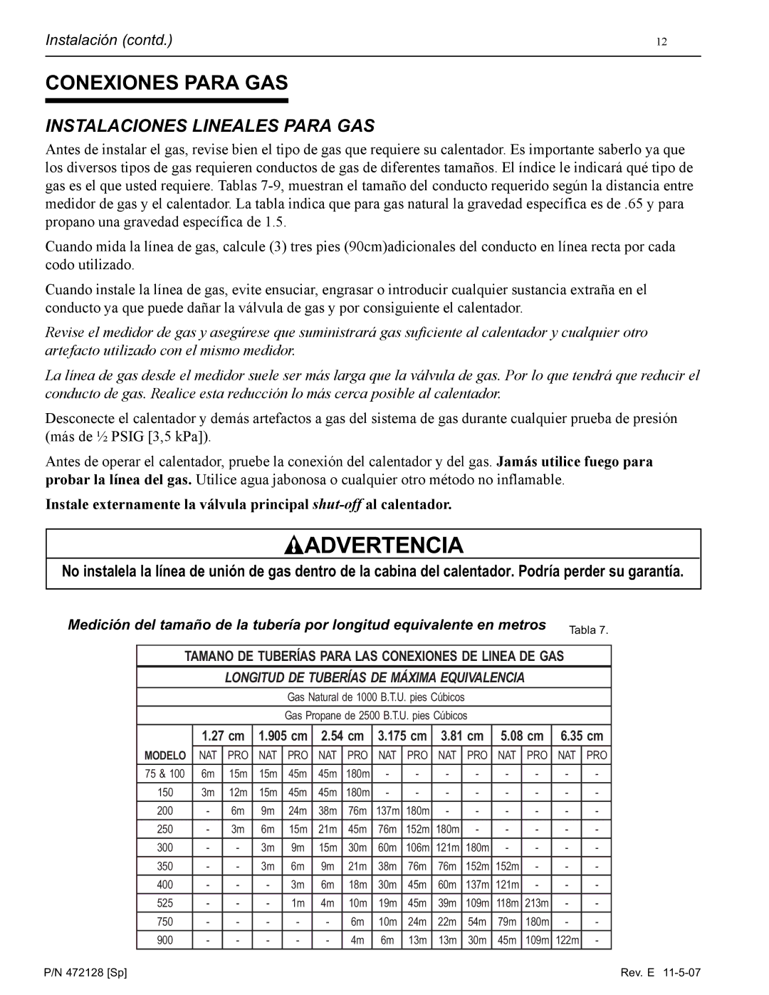 Pentair Hot Tub manual Conexiones Para GAS, Instalaciones Lineales Para GAS 