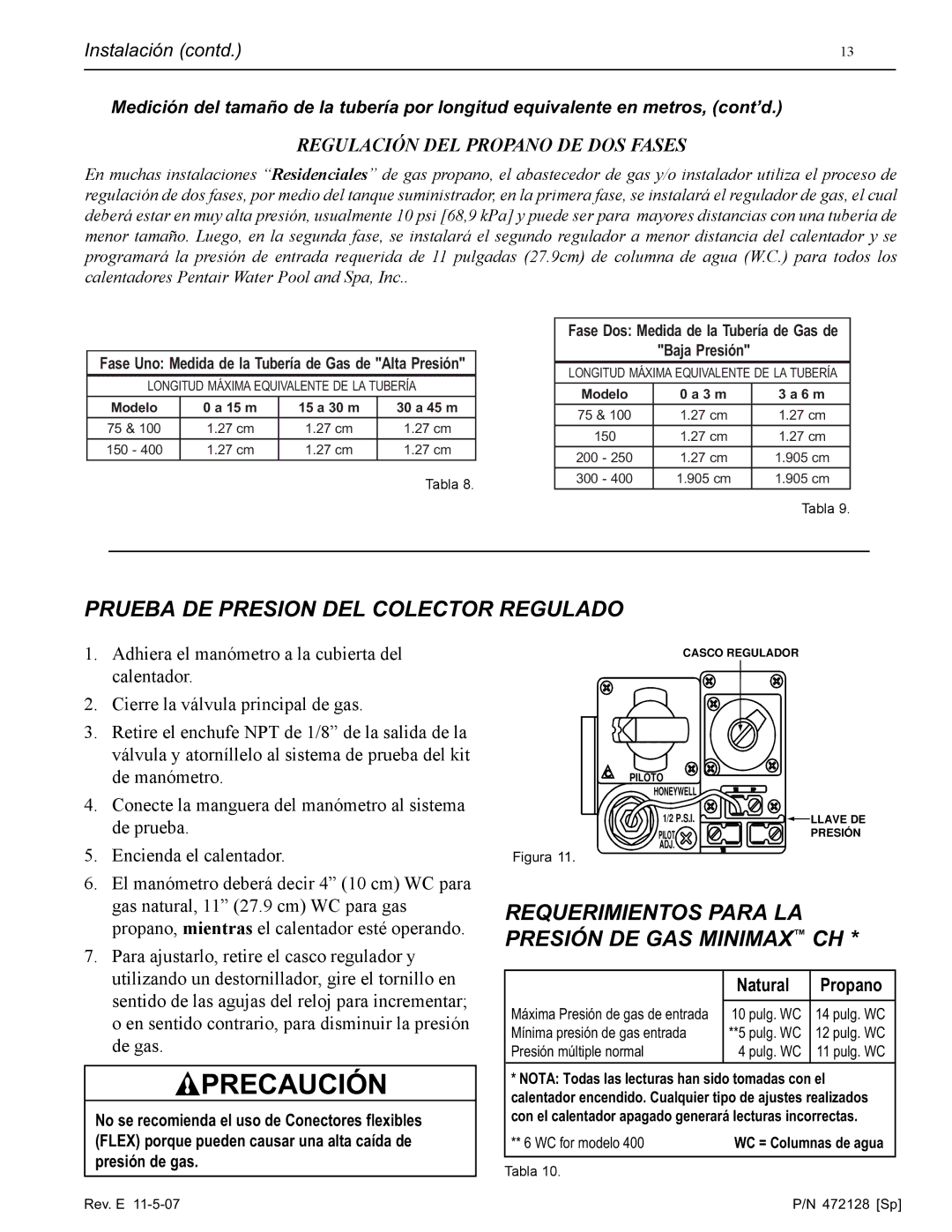 Pentair Hot Tub Prueba DE Presion DEL Colector Regulado, Requerimientos Para LA Presión DE GAS Minimax CH, Natural Propano 