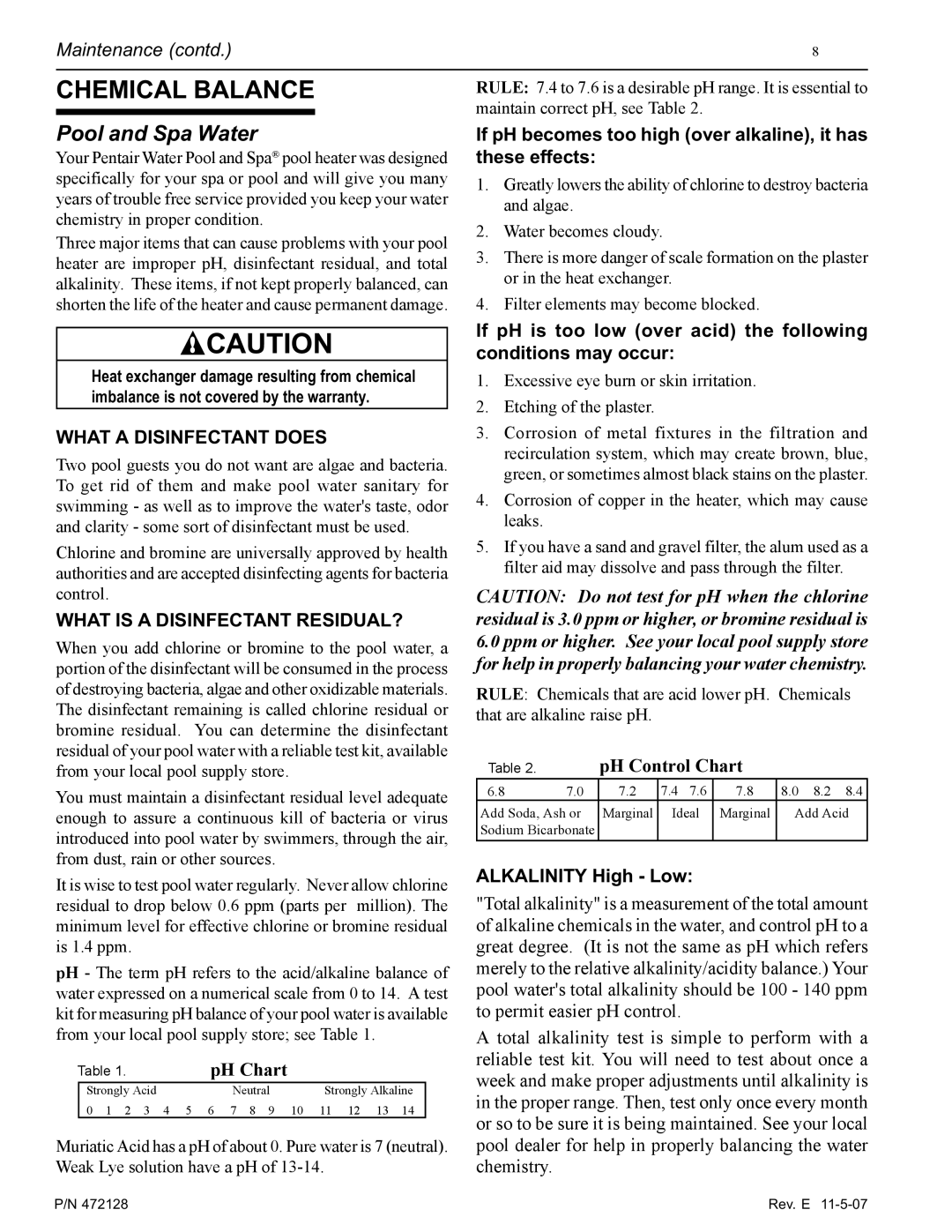 Pentair Hot Tub manual Chemical Balance, Pool and Spa Water, PH Chart, PH Control Chart 