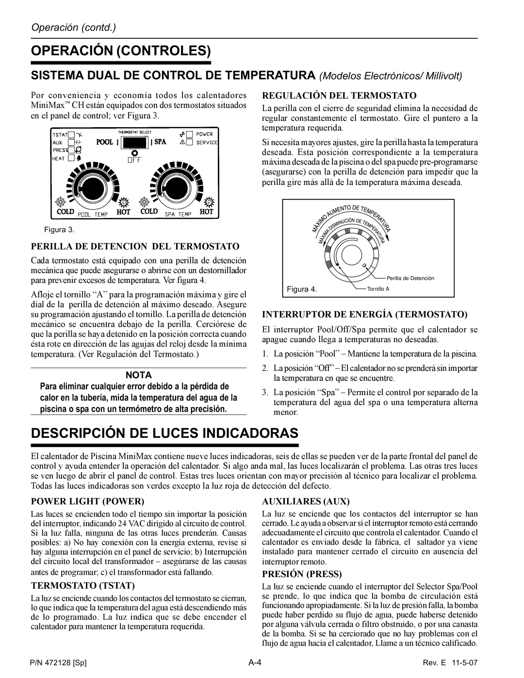 Pentair Hot Tub manual Descripción DE Luces Indicadoras, Regulación DEL Termostato 