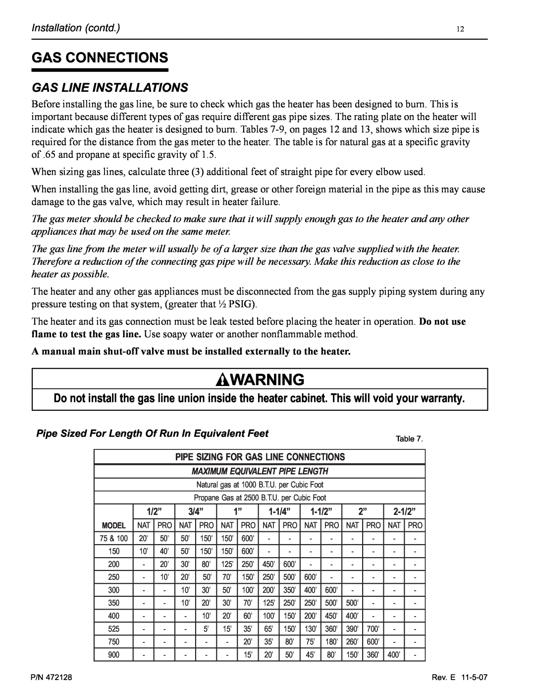 Pentair Hot Tub manual Gas Connections, Gas Line Installations 