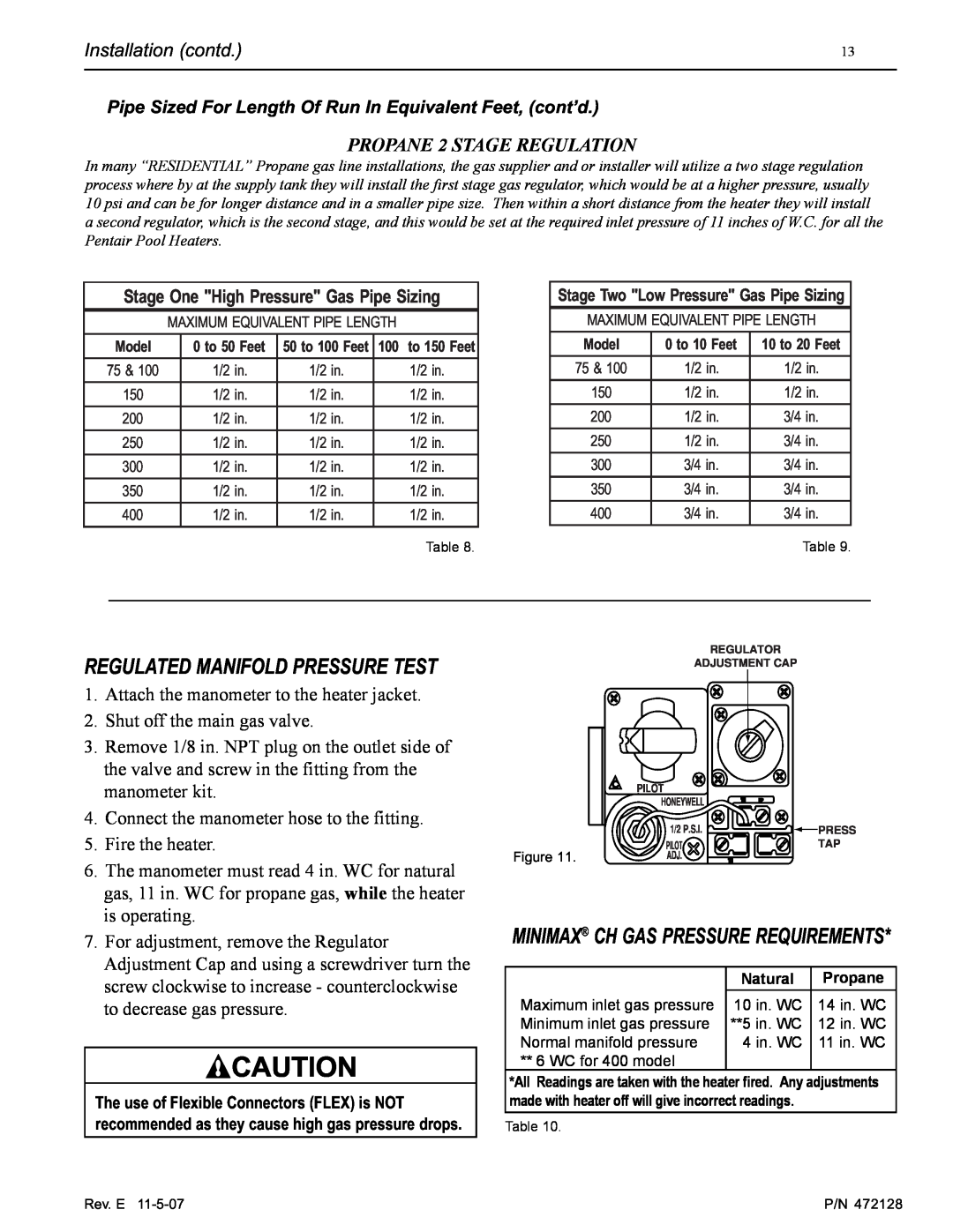 Pentair Hot Tub manual Regulated Manifold Pressure Test, Minimax Ch Gas Pressure Requirements, PROPANE 2 STAGE REGULATION 
