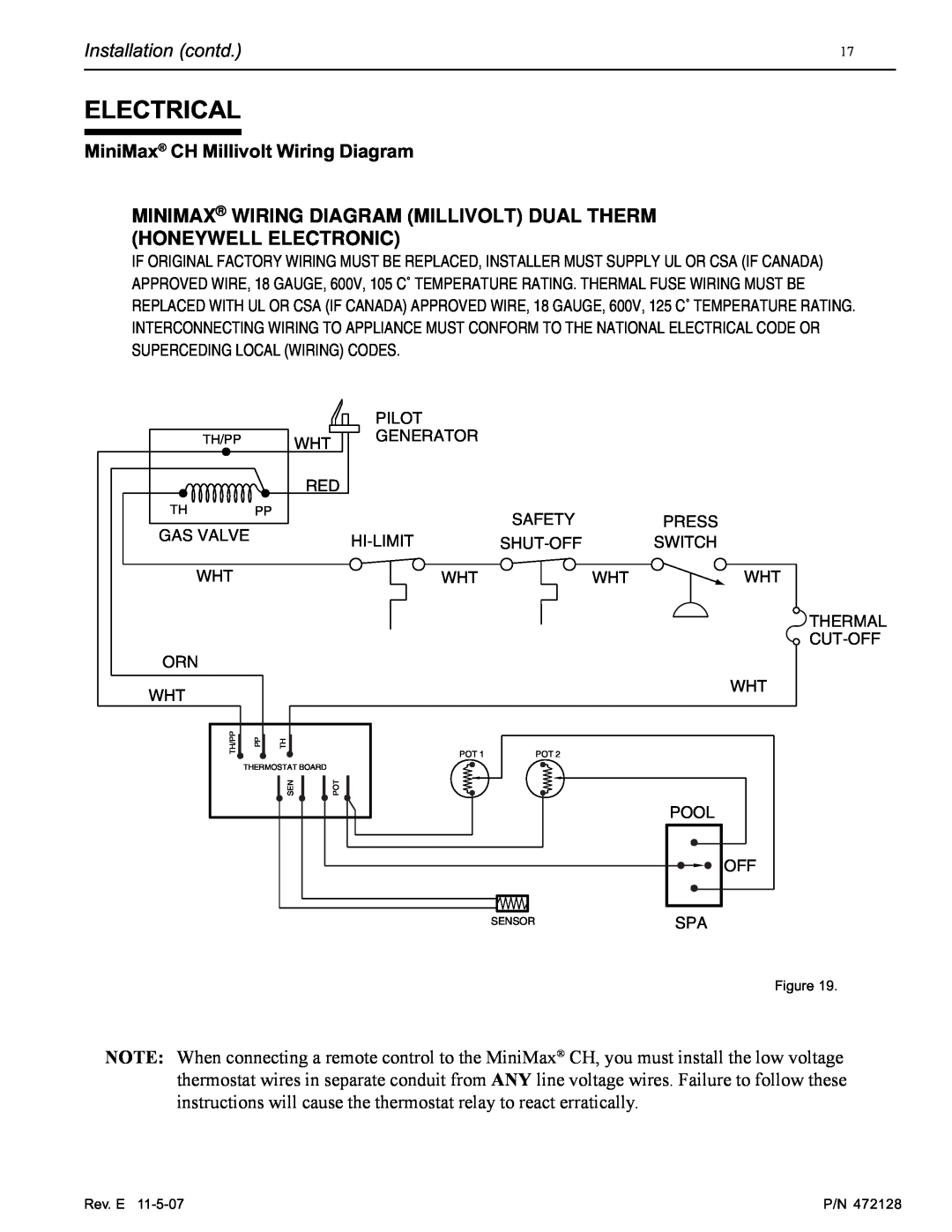 Pentair Hot Tub manual Electrical, MiniMax CH Millivolt Wiring Diagram, Installation contd 