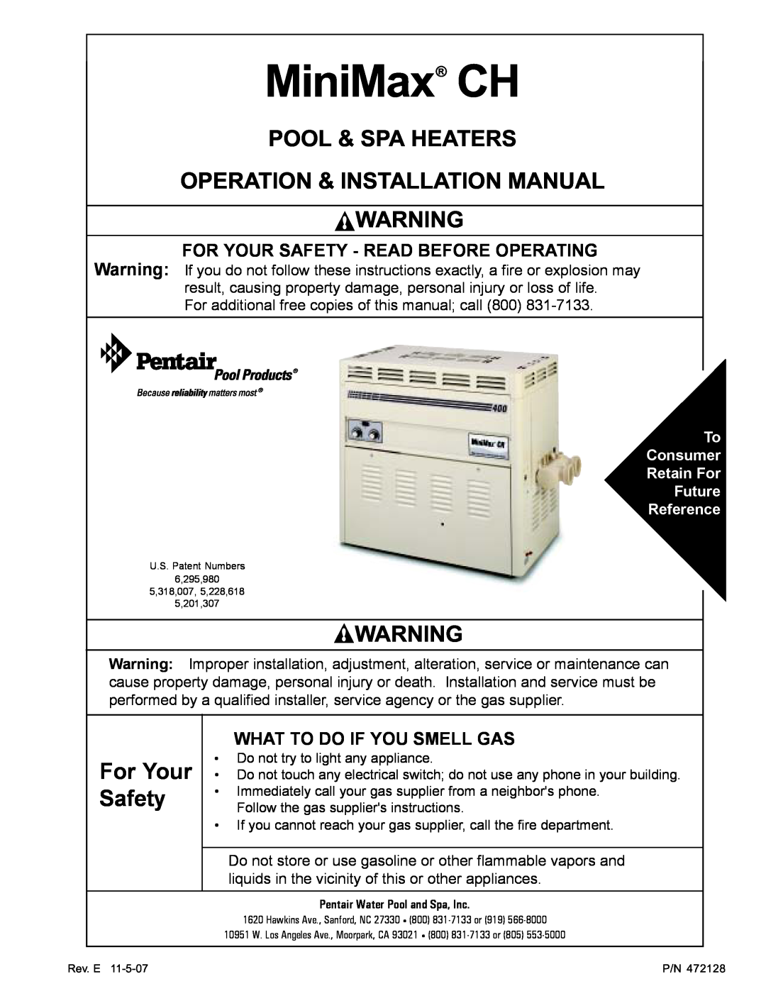 Pentair Hot Tub manual MiniMax CH, Pool & Spa Heaters Operation & Installation Manual, For Your Safety 
