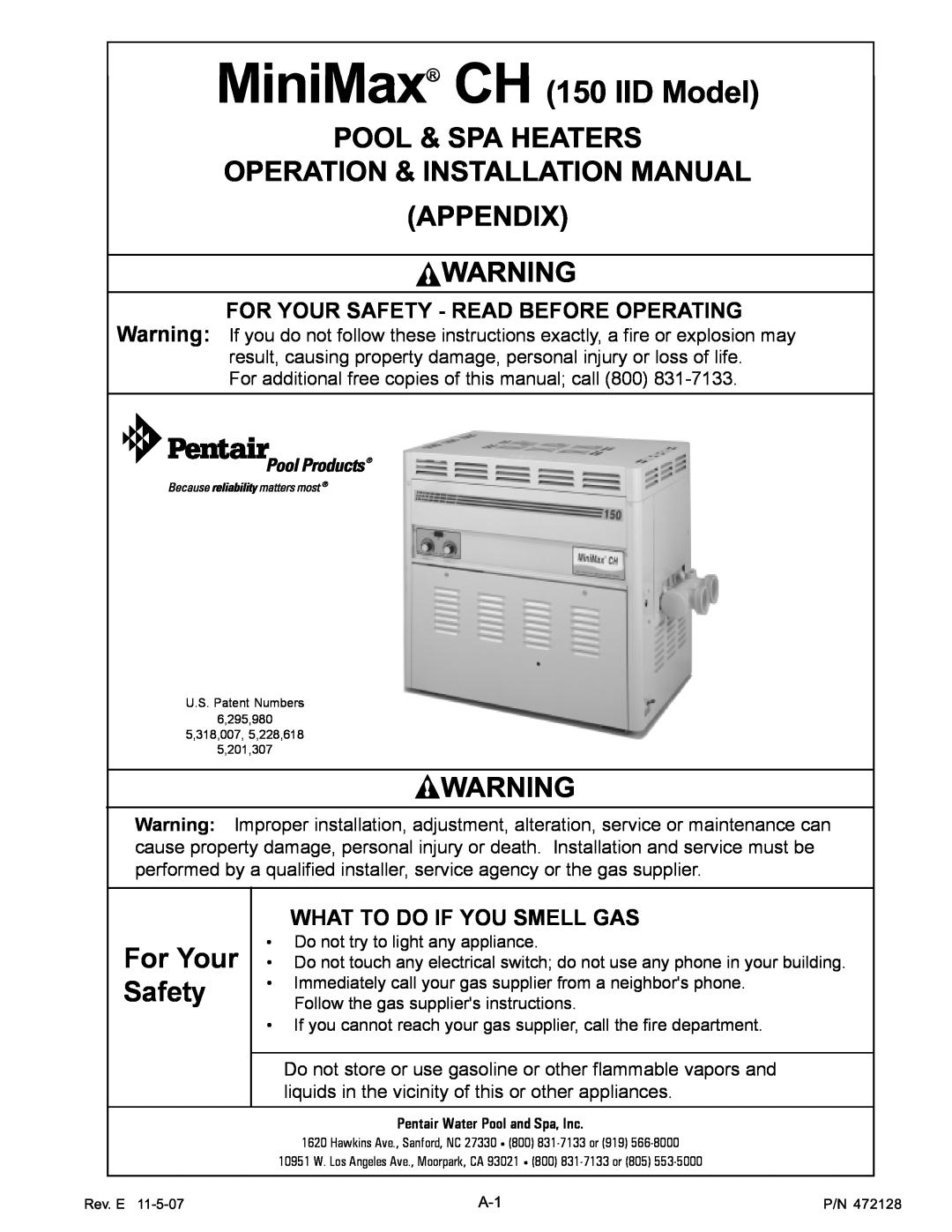Pentair Hot Tub MiniMax CH 150 IID Model, Pool & Spa Heaters Operation & Installation Manual Appendix, For Your Safety 