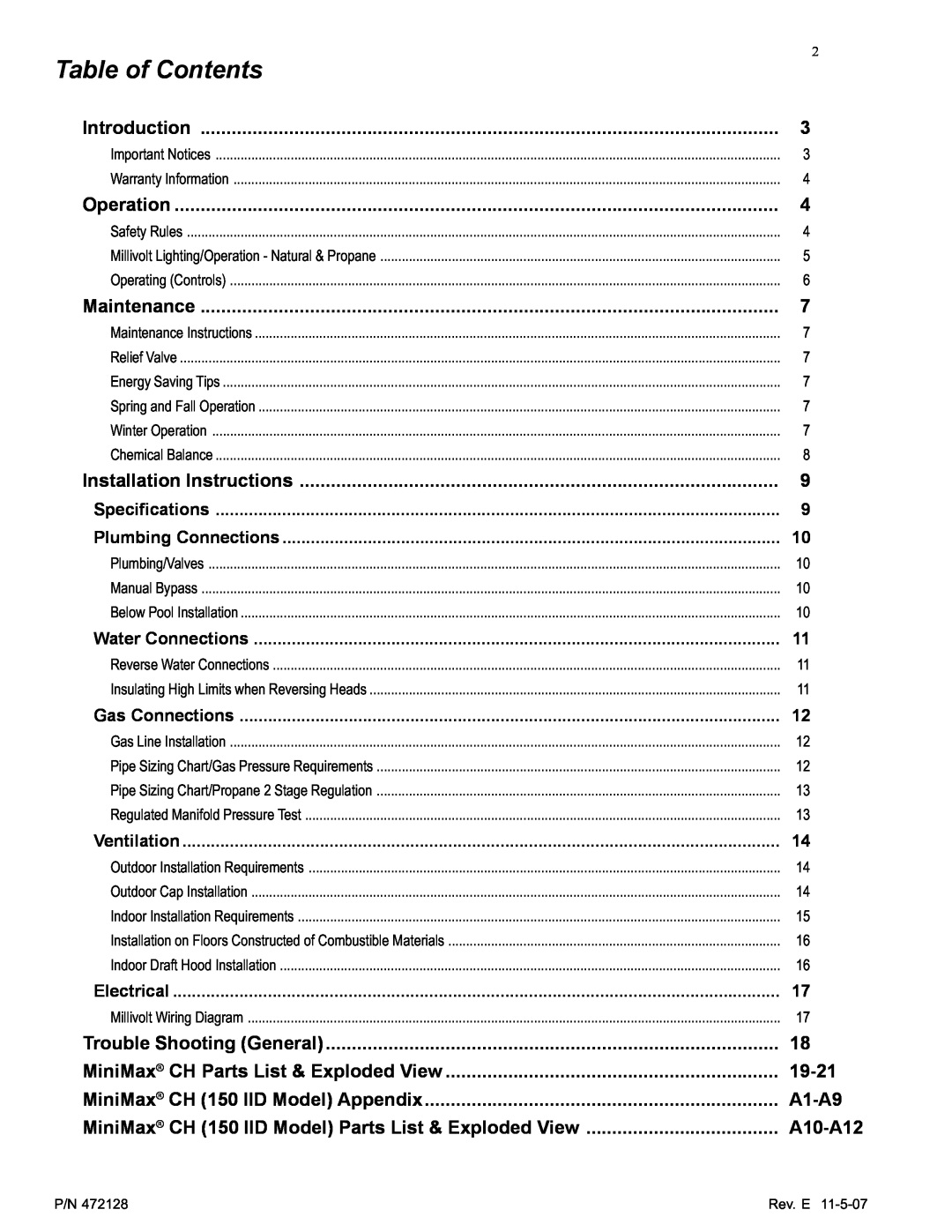 Pentair Hot Tub manual Table of Contents 