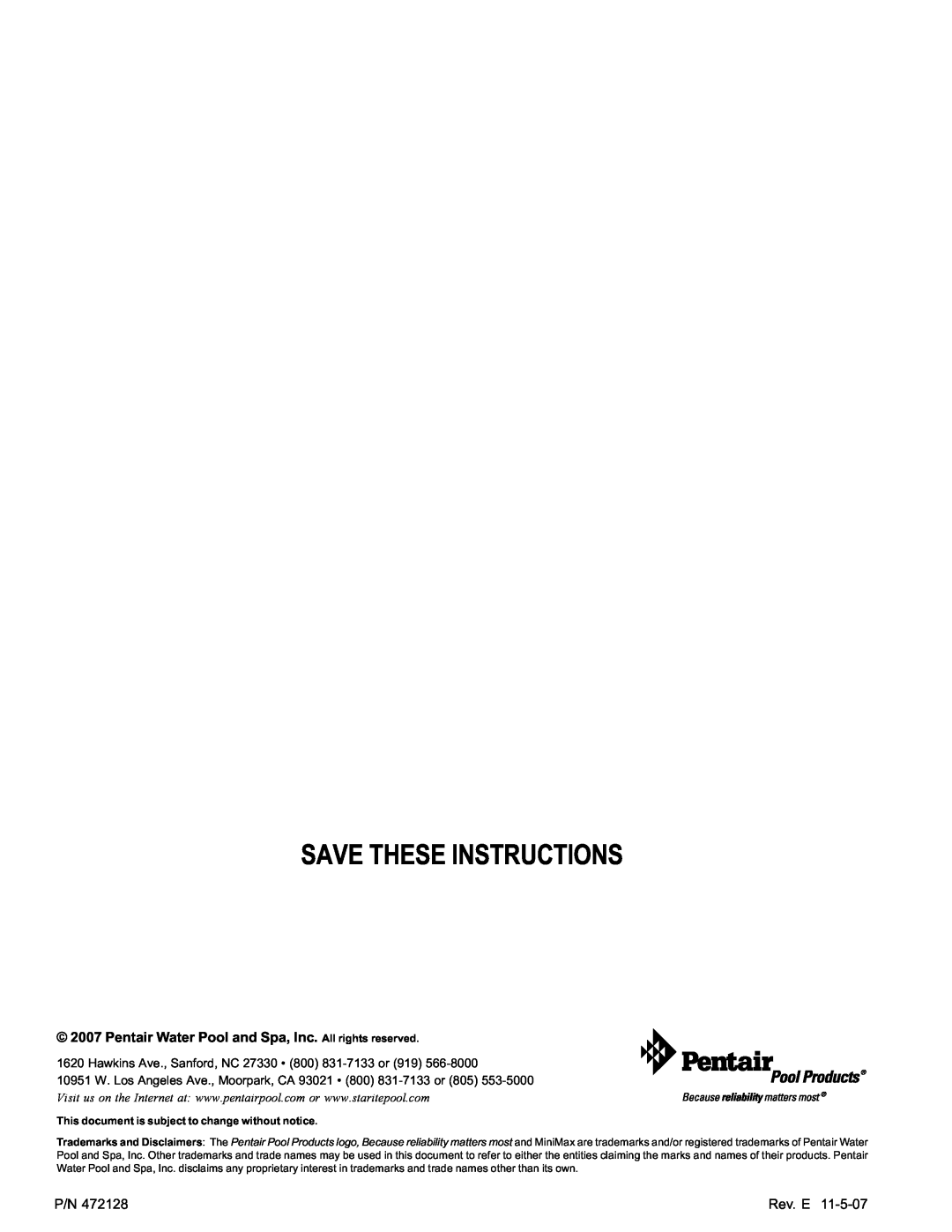 Pentair Hot Tub manual Save These Instructions, Pentair Water Pool and Spa, Inc. All rights reserved, Rev. E 