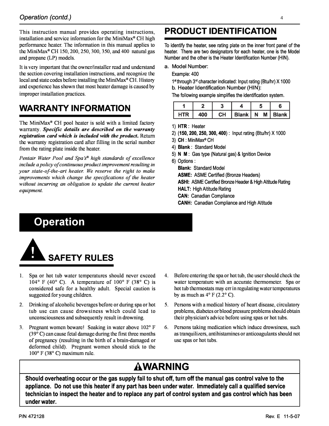 Pentair Hot Tub manual Warranty Information, Product Identification, Safety Rules, Operation contd 