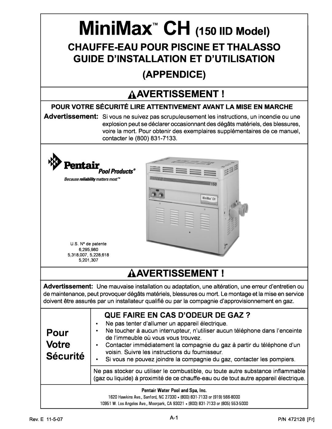 Pentair Hot Tub manual Appendice Avertissement, Pour Votre Sécurité Lire Attentivement Avant La Mise En Marche 