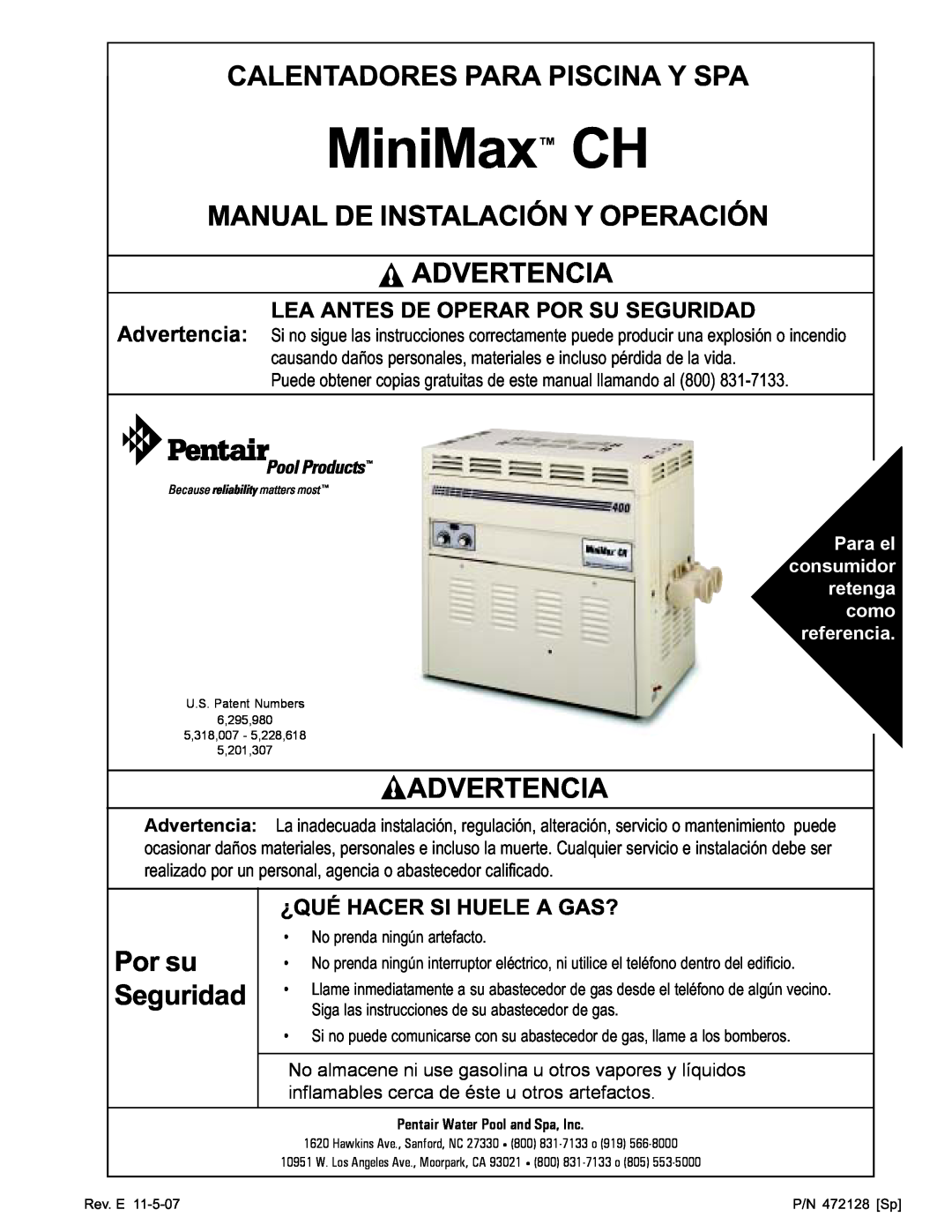 Pentair Hot Tub manual Calentadores Para Piscina Y Spa, Manual De Instalación Y Operación Advertencia, Por su Seguridad 