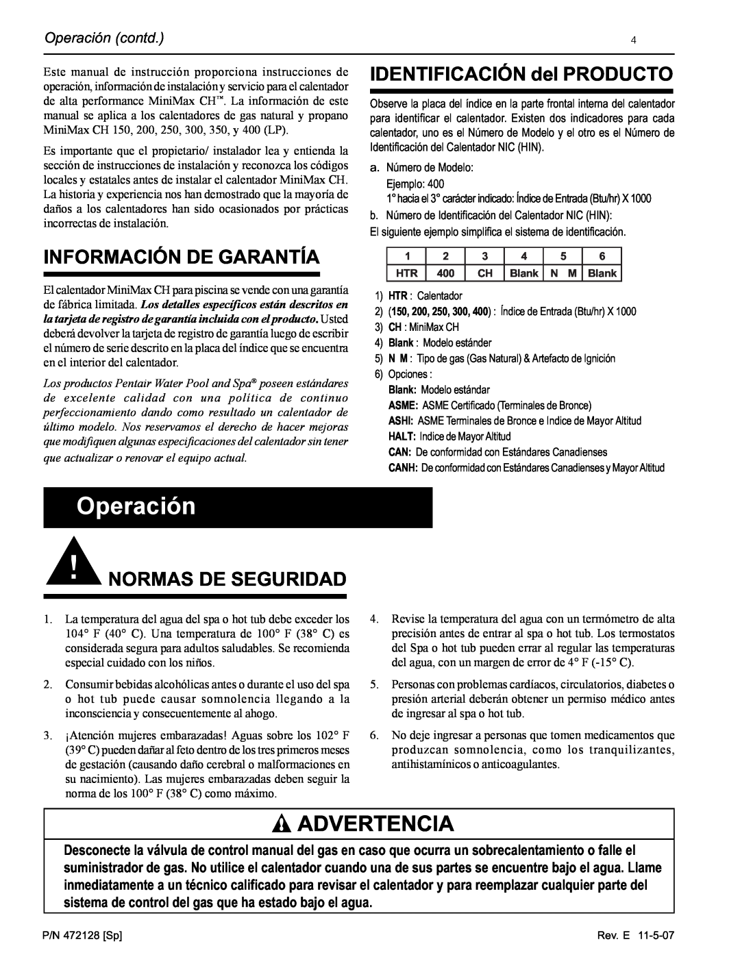 Pentair Hot Tub manual Información De Garantía, IDENTIFICACIÓN del PRODUCTO, Normas De Seguridad, Operación contd 