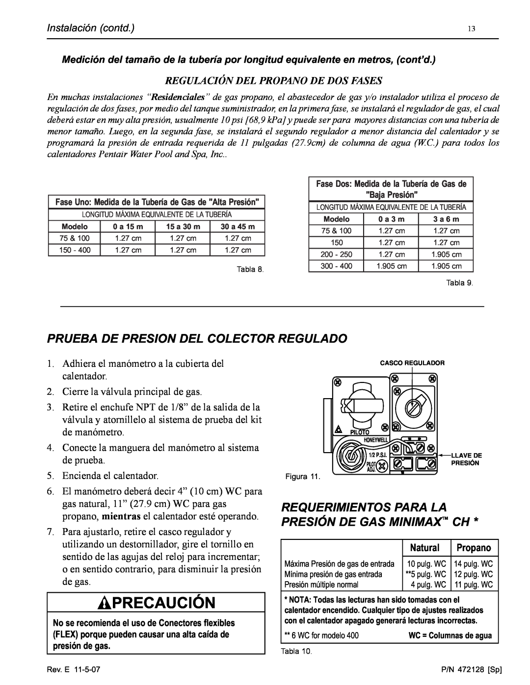 Pentair Hot Tub manual Prueba De Presion Del Colector Regulado, Requerimientos Para La Presión De Gas Minimax Ch, Natural 