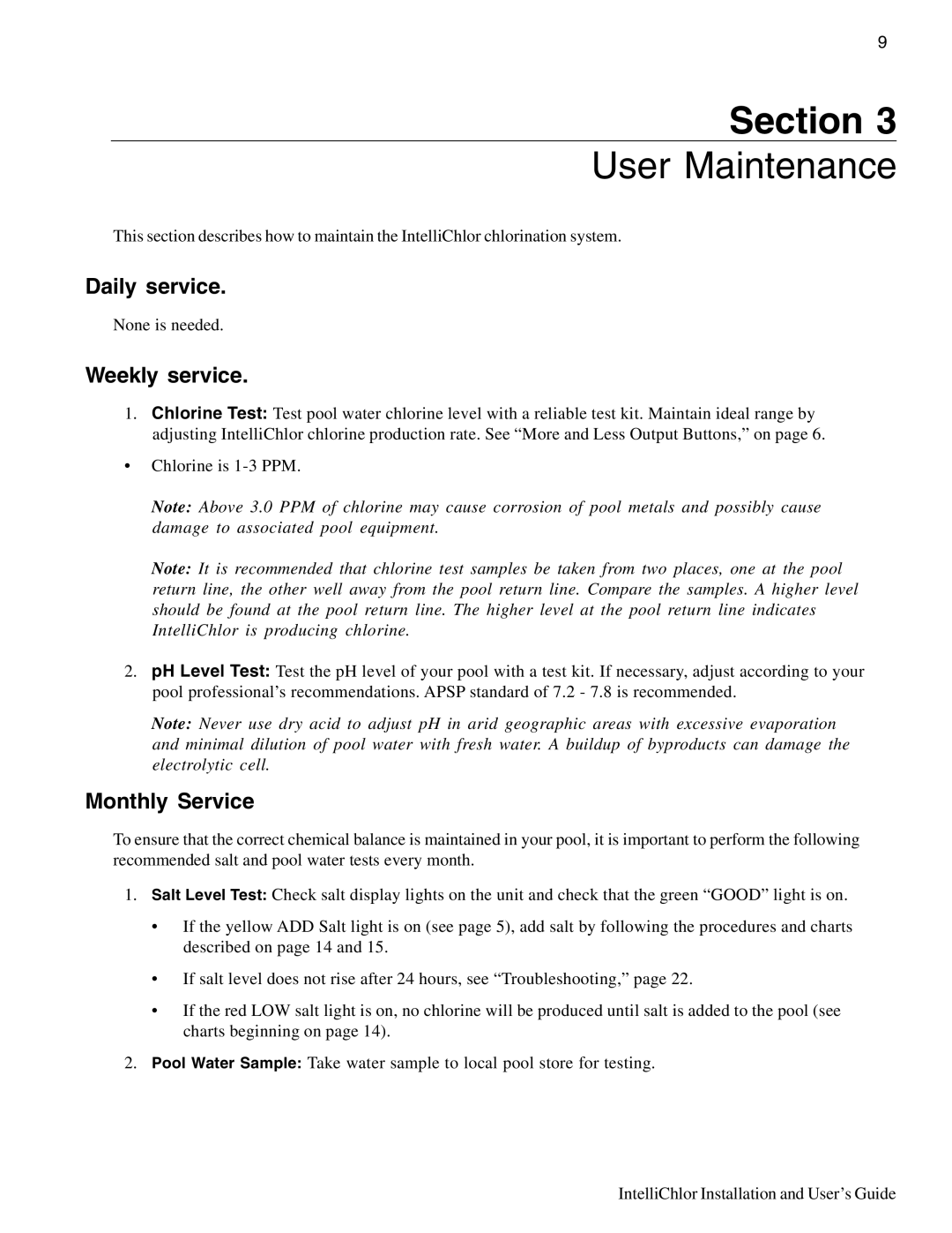 Pentair IC20, IC40 important safety instructions Daily service, Weekly service, Monthly Service 