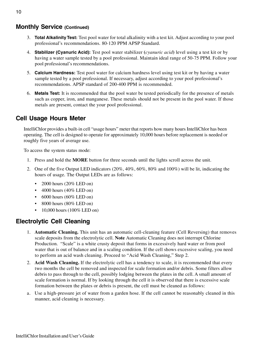 Pentair IC20, IC40 important safety instructions Cell Usage Hours Meter, Electrolytic Cell Cleaning 