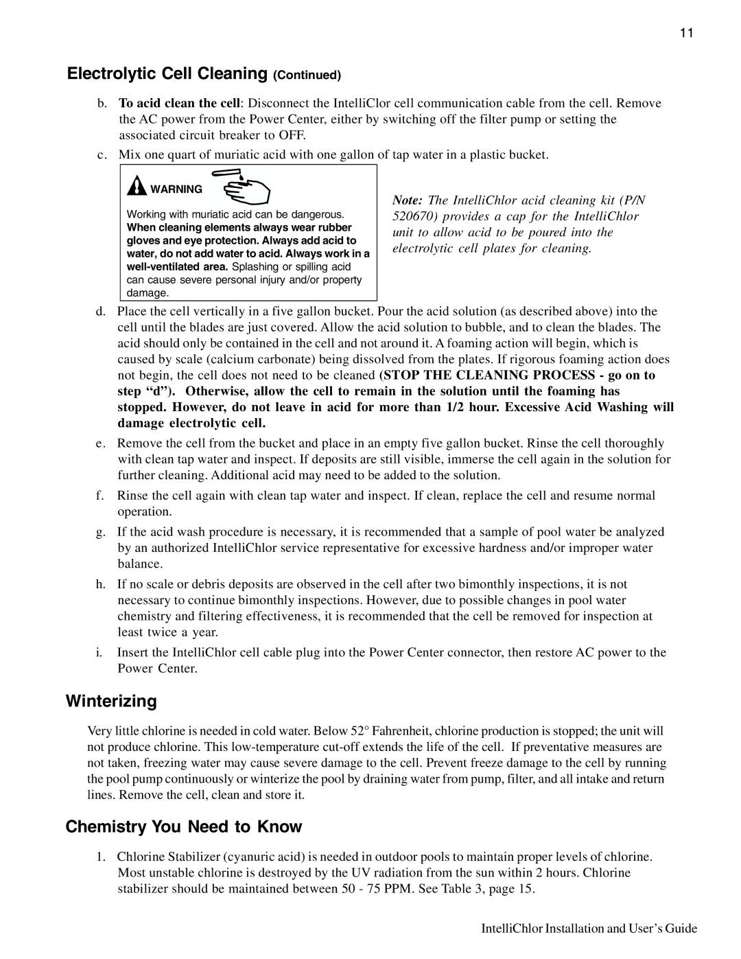 Pentair IC20, IC40 important safety instructions Winterizing, Chemistry You Need to Know 