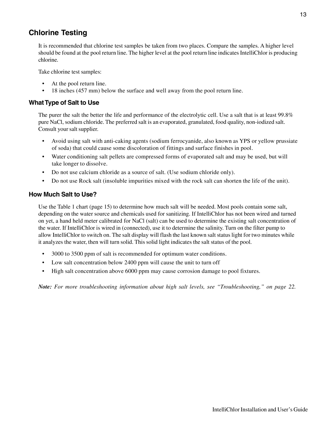 Pentair IC20, IC40 important safety instructions Chlorine Testing, What Type of Salt to Use, How Much Salt to Use? 