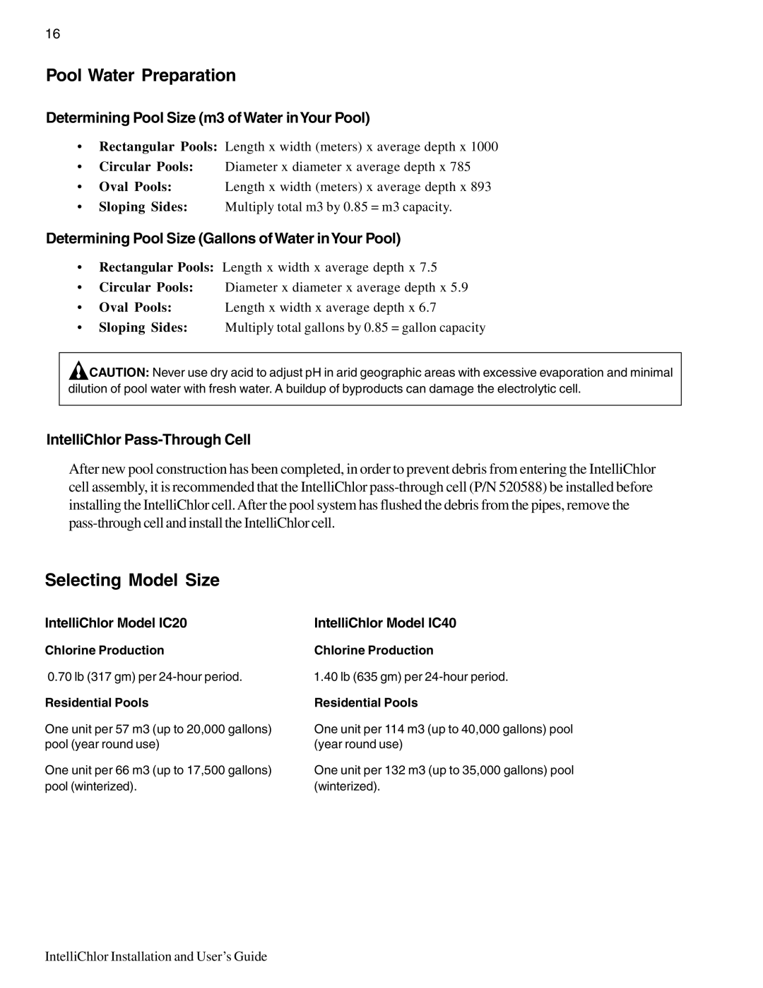 Pentair IC20, IC40 Pool Water Preparation, Selecting Model Size, Determining Pool Size m3 of Water inYour Pool 