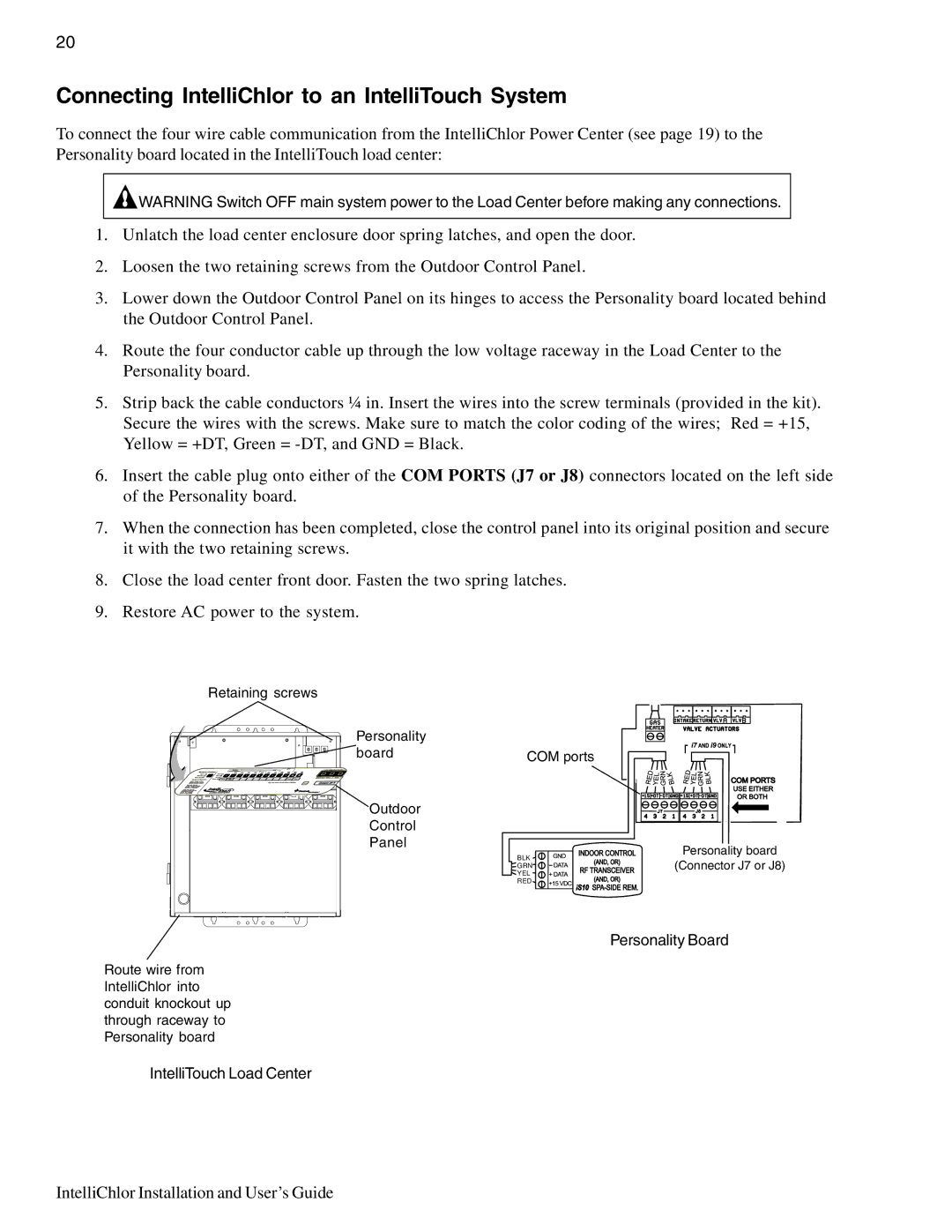 Pentair IC20, IC40 important safety instructions Connecting IntelliChlor to an IntelliTouch System, Personality Board 