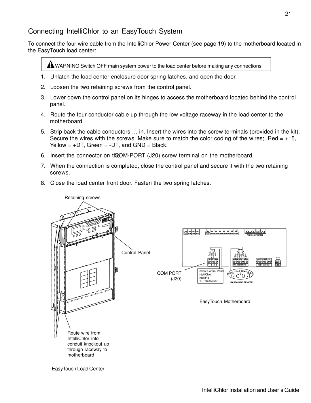 Pentair IC20, IC40 important safety instructions Connecting IntelliChlor to an EasyTouch System, COM Port J20 