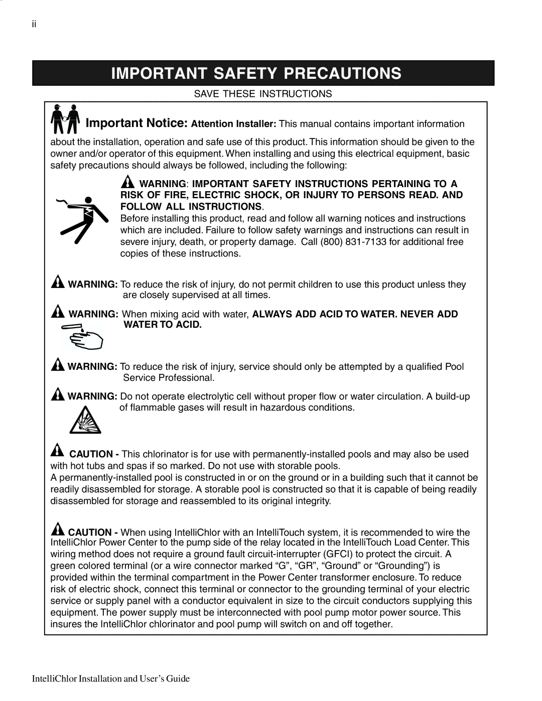 Pentair IC20, IC40 important safety instructions Important Safety Precautions 