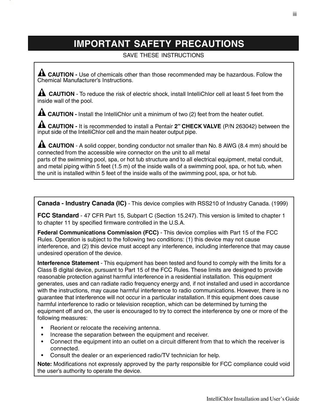 Pentair IC20, IC40 important safety instructions Iii 