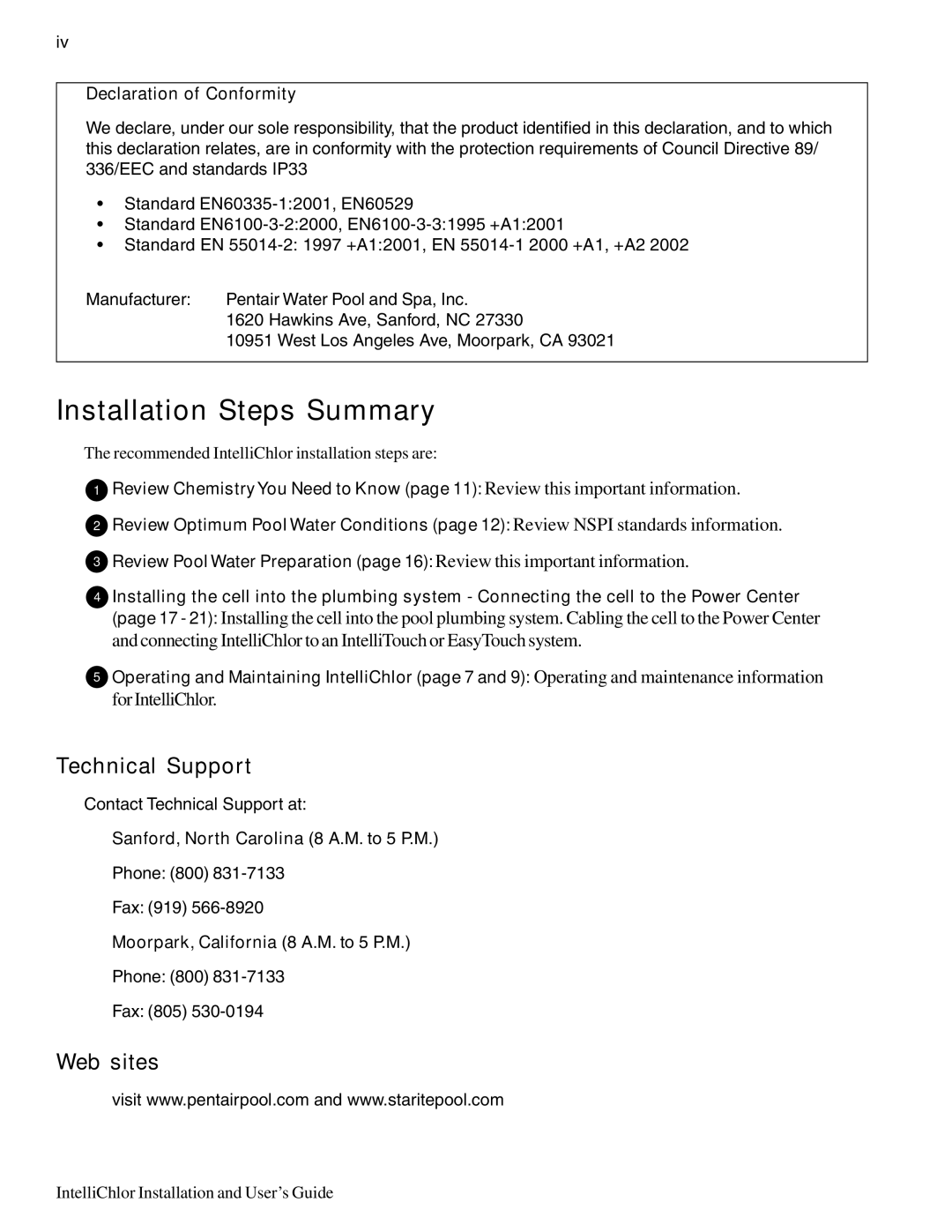 Pentair IC20, IC40 important safety instructions Technical Support, Web sites 