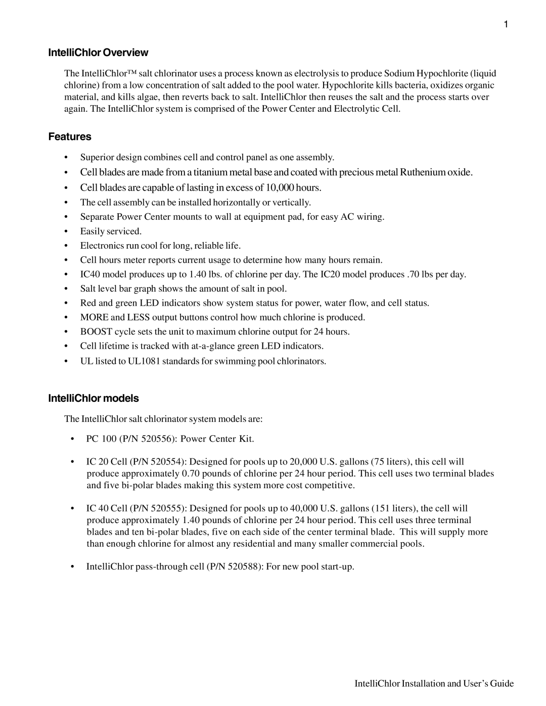 Pentair IC20, IC40 important safety instructions IntelliChlor Overview, Features, IntelliChlor models 