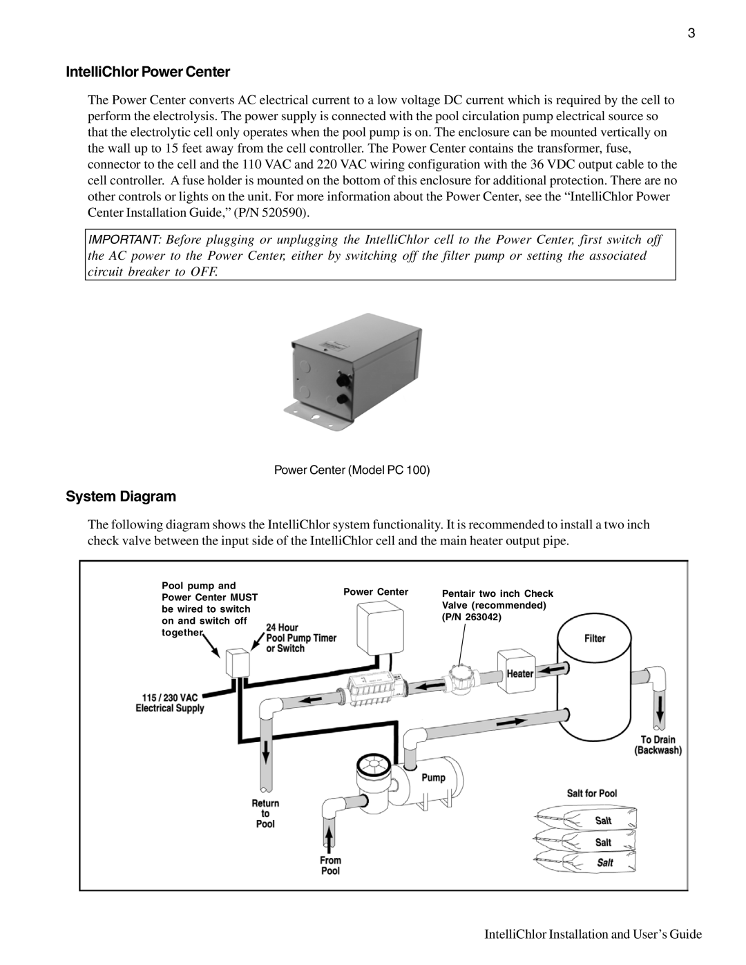 Pentair IC20, IC40 important safety instructions IntelliChlor Power Center, System Diagram 