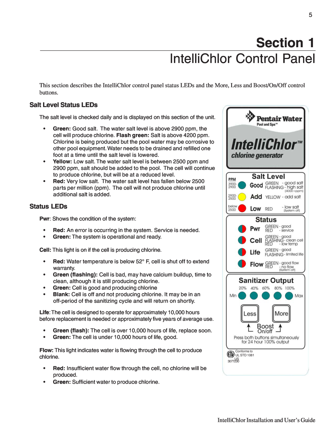 Pentair IC20, IC40 important safety instructions Section, IntelliChlor Control Panel, Salt Level Status LEDs 