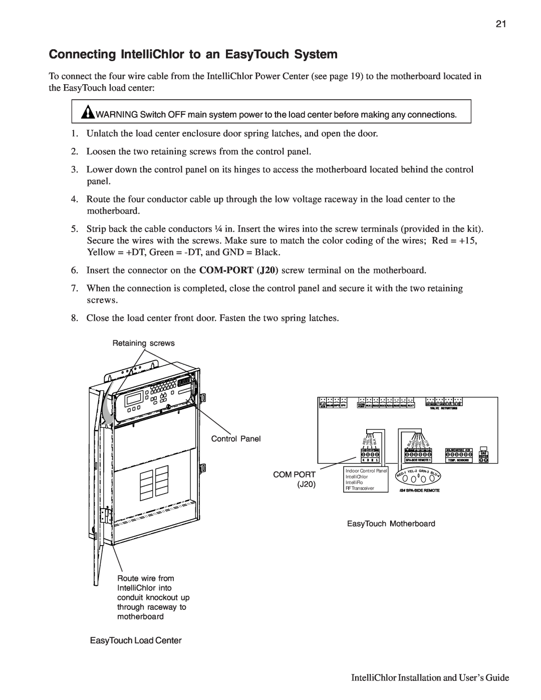 Pentair IC20, IC40 important safety instructions Connecting IntelliChlor to an EasyTouch System, EasyTouch Load Center 