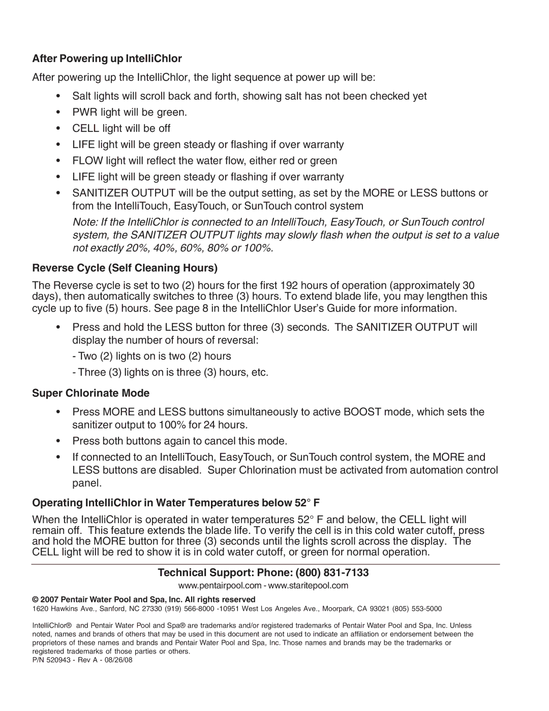 Pentair quick start After Powering up IntelliChlor, Reverse Cycle Self Cleaning Hours, Super Chlorinate Mode 