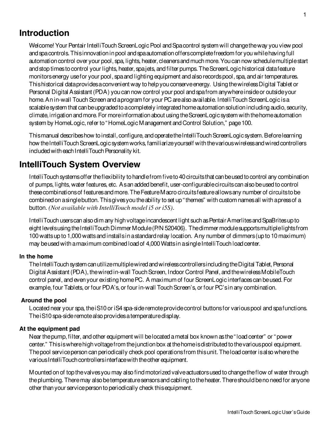 Pentair Intellitouch ScreenLogic manual Introduction, IntelliTouch System Overview 