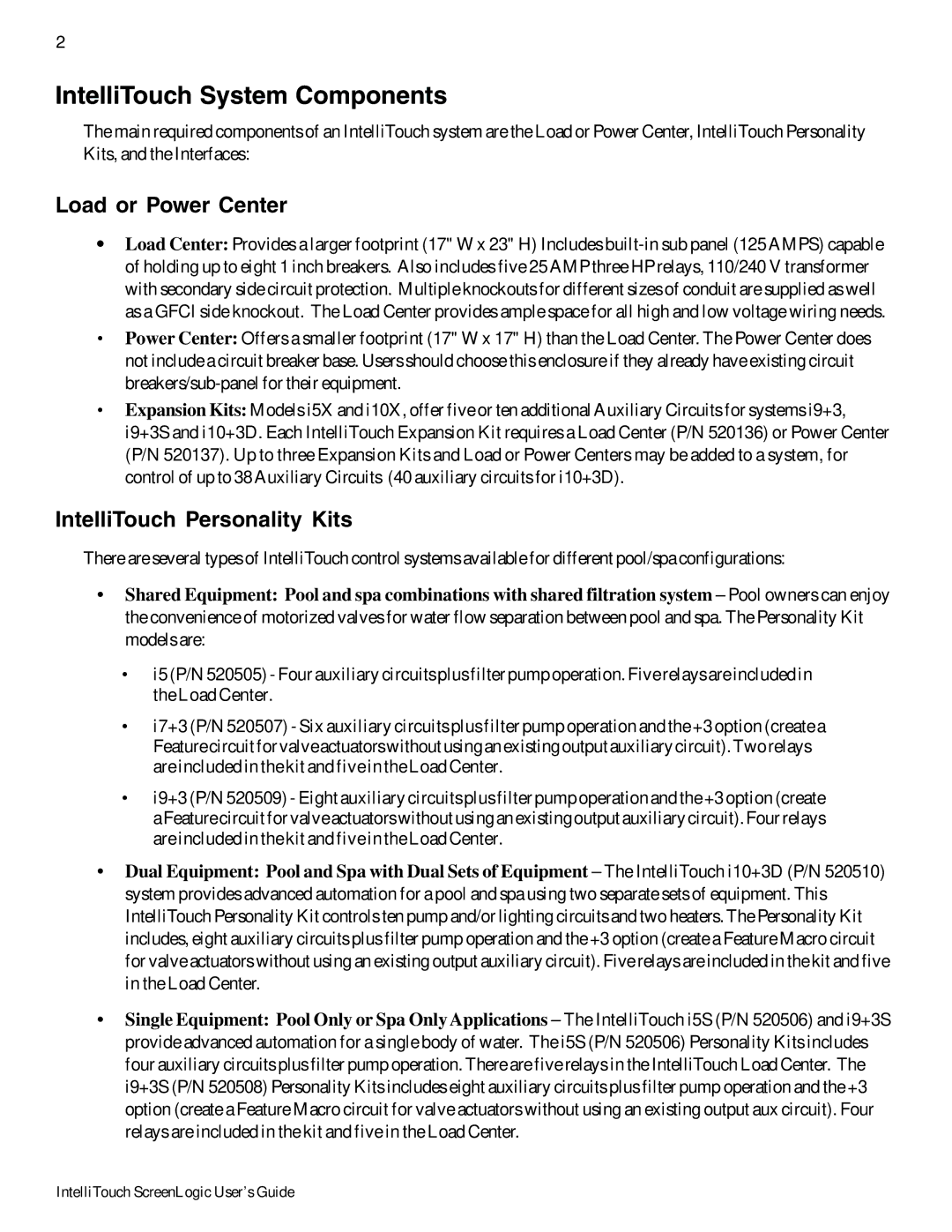 Pentair Intellitouch ScreenLogic manual IntelliTouch System Components, Load or Power Center 