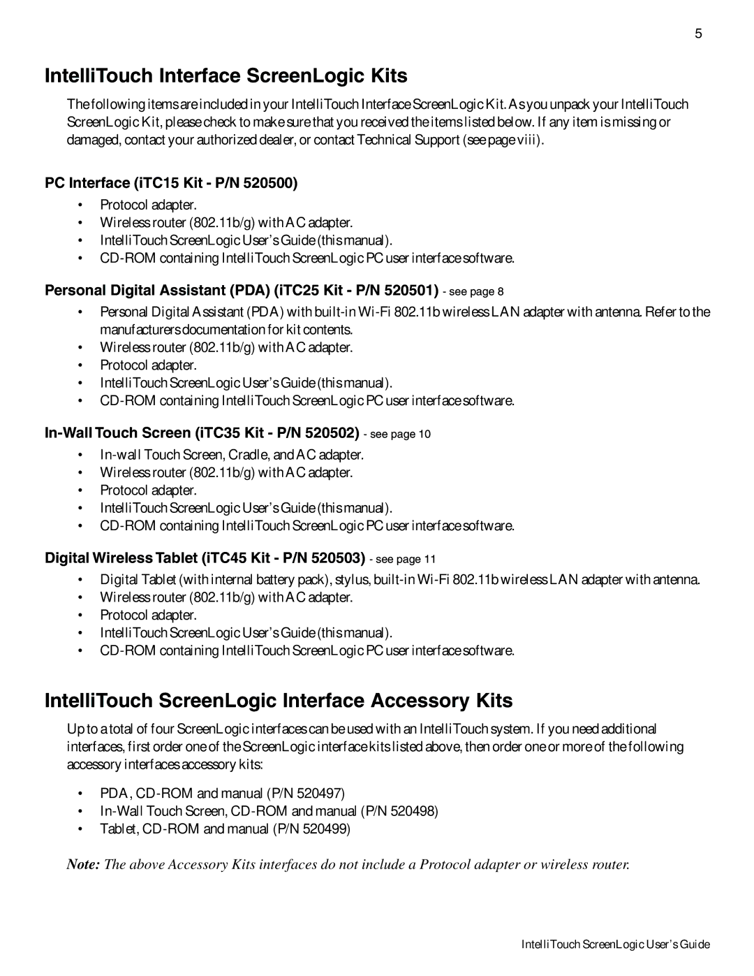 Pentair Intellitouch ScreenLogic manual IntelliTouch Interface ScreenLogic Kits 