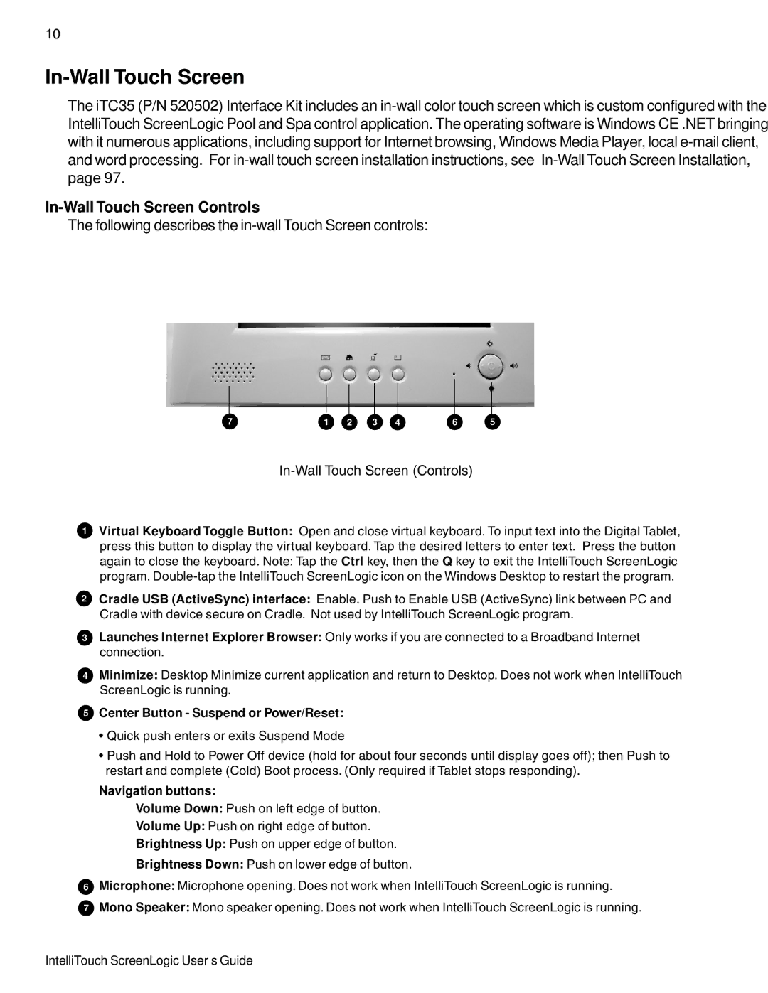 Pentair Intellitouch ScreenLogic manual In-Wall Touch Screen Controls 