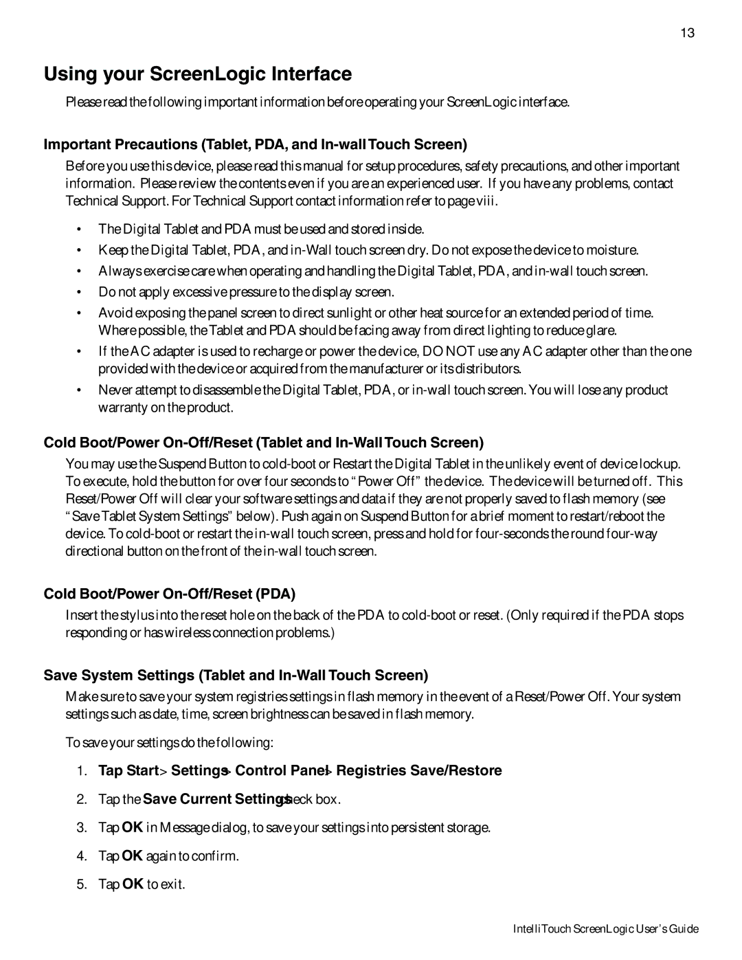 Pentair Intellitouch ScreenLogic manual Using your ScreenLogic Interface, Cold Boot/Power On-Off/Reset PDA 