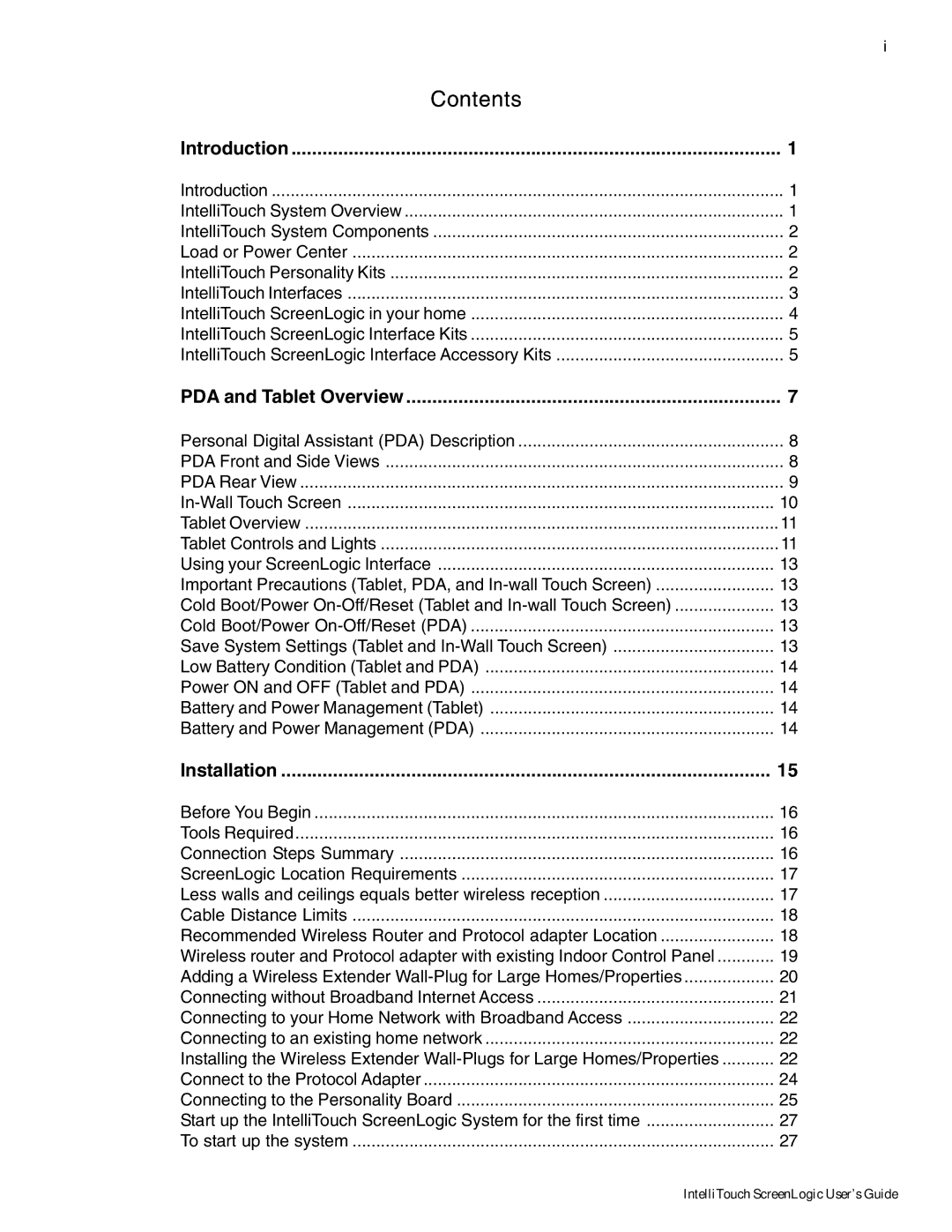 Pentair Intellitouch ScreenLogic manual Contents 